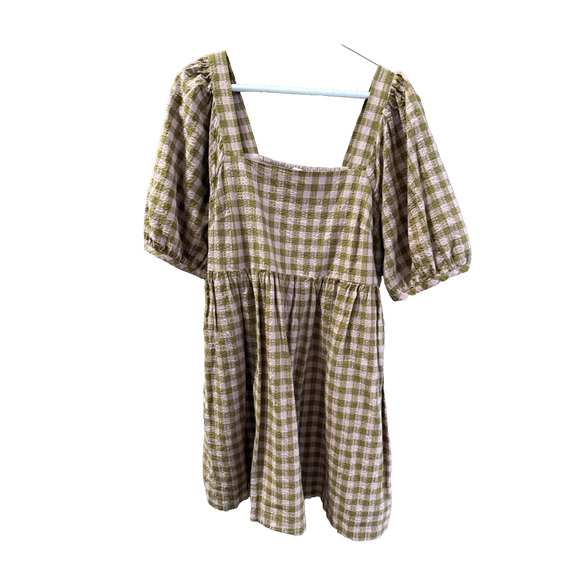 Madewell L Babydoll Gingham Dress Puff Sleeve Elastic Back Pink/Olive Green - Picture 2 of 8